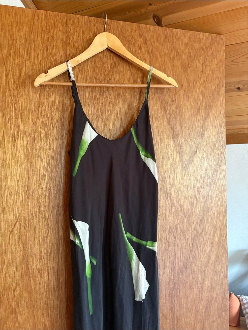 Lunya Silk Slip Dress – Black Floral Print Midi, Open Back, Adjustable Straps